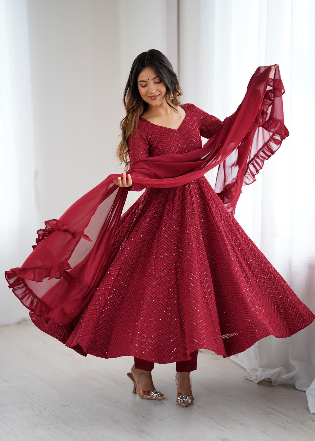 Lucknowi Faux Georgette Anarkali Suit with 4M Kali Flair, Sequin Work & Ruffle Dupatta