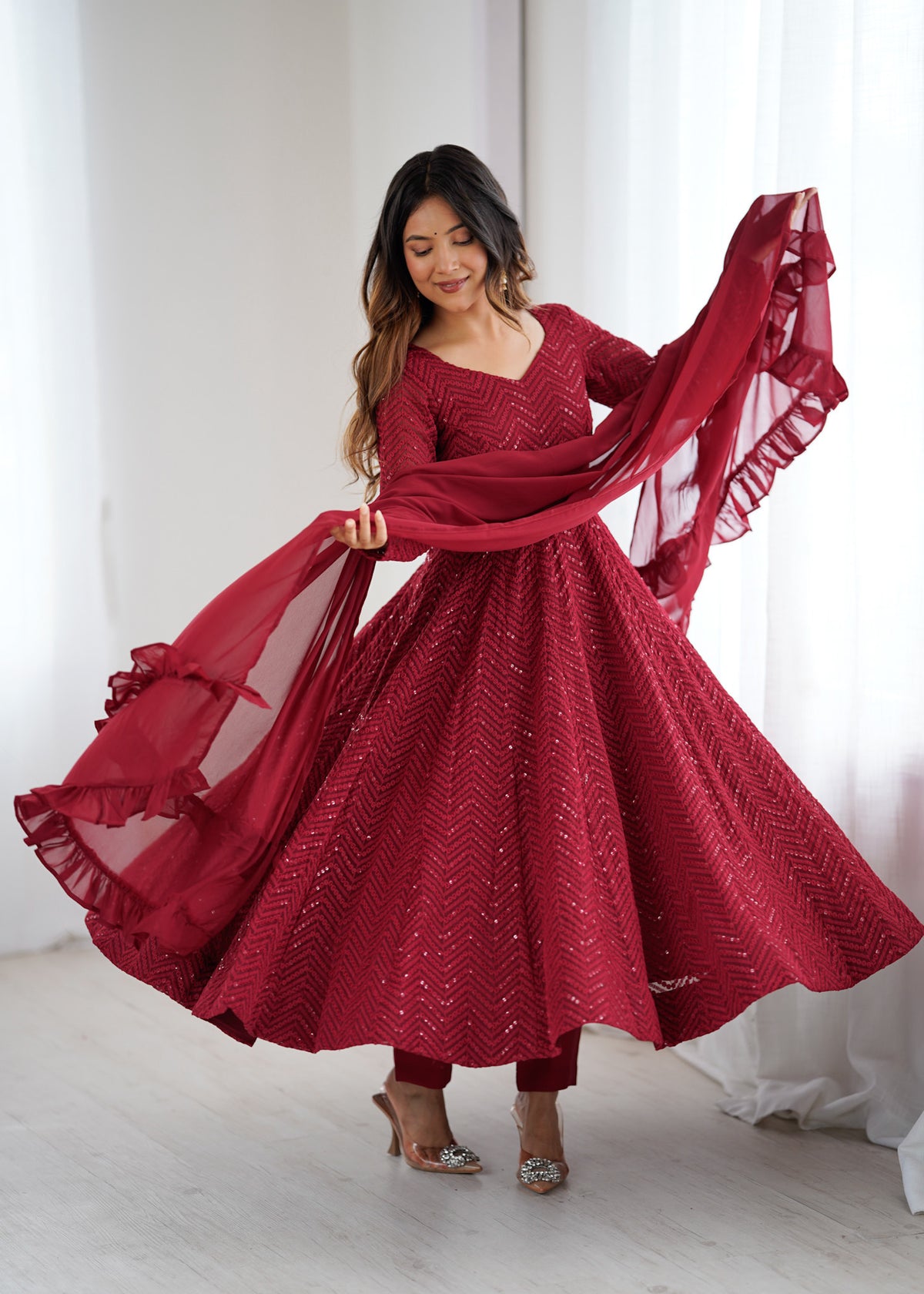 Lucknowi Faux Georgette Anarkali Suit with 4M Kali Flair, Sequin Work & Ruffle Dupatta