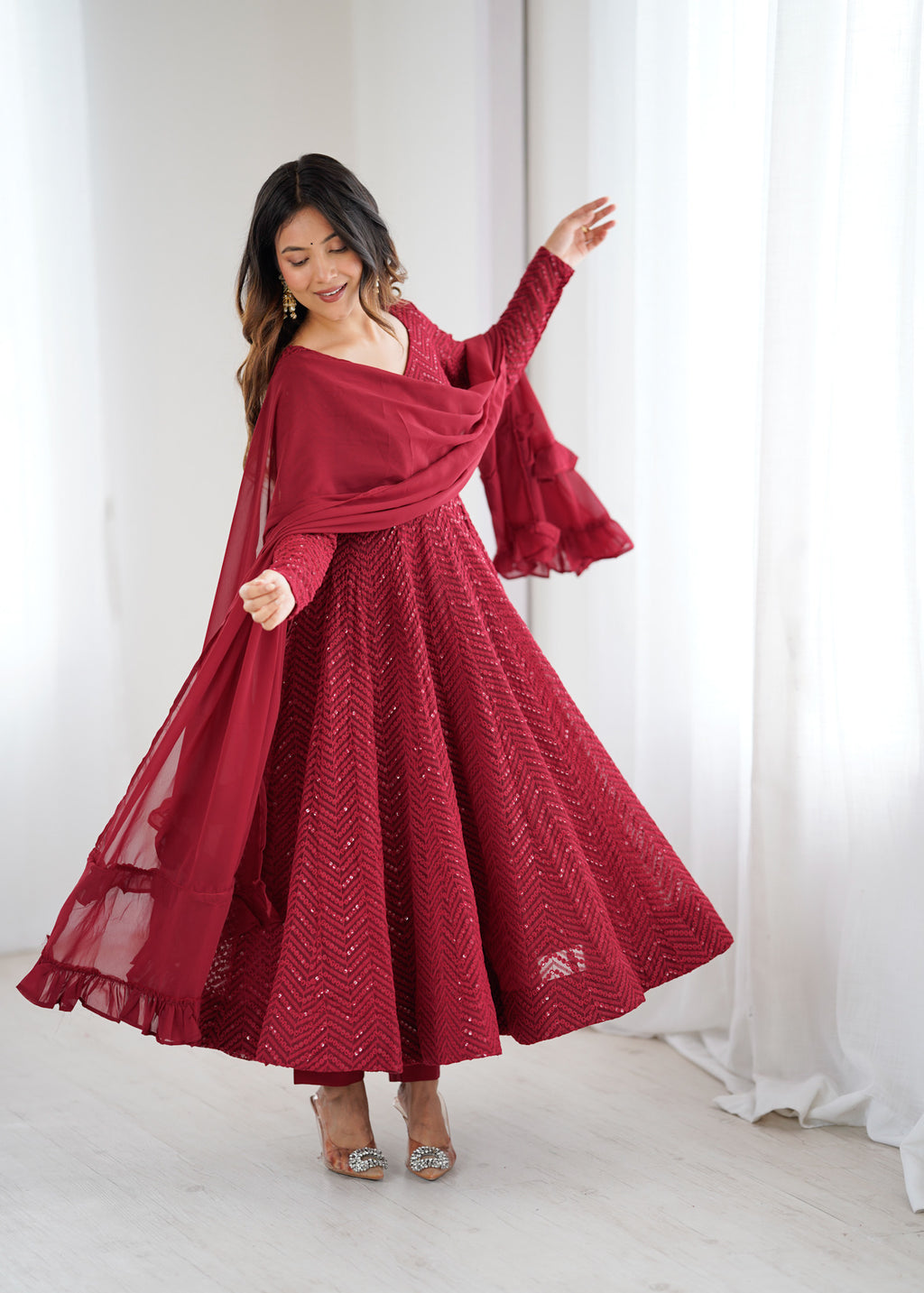 Lucknowi Faux Georgette Anarkali Suit with 4M Kali Flair, Sequin Work & Ruffle Dupatta