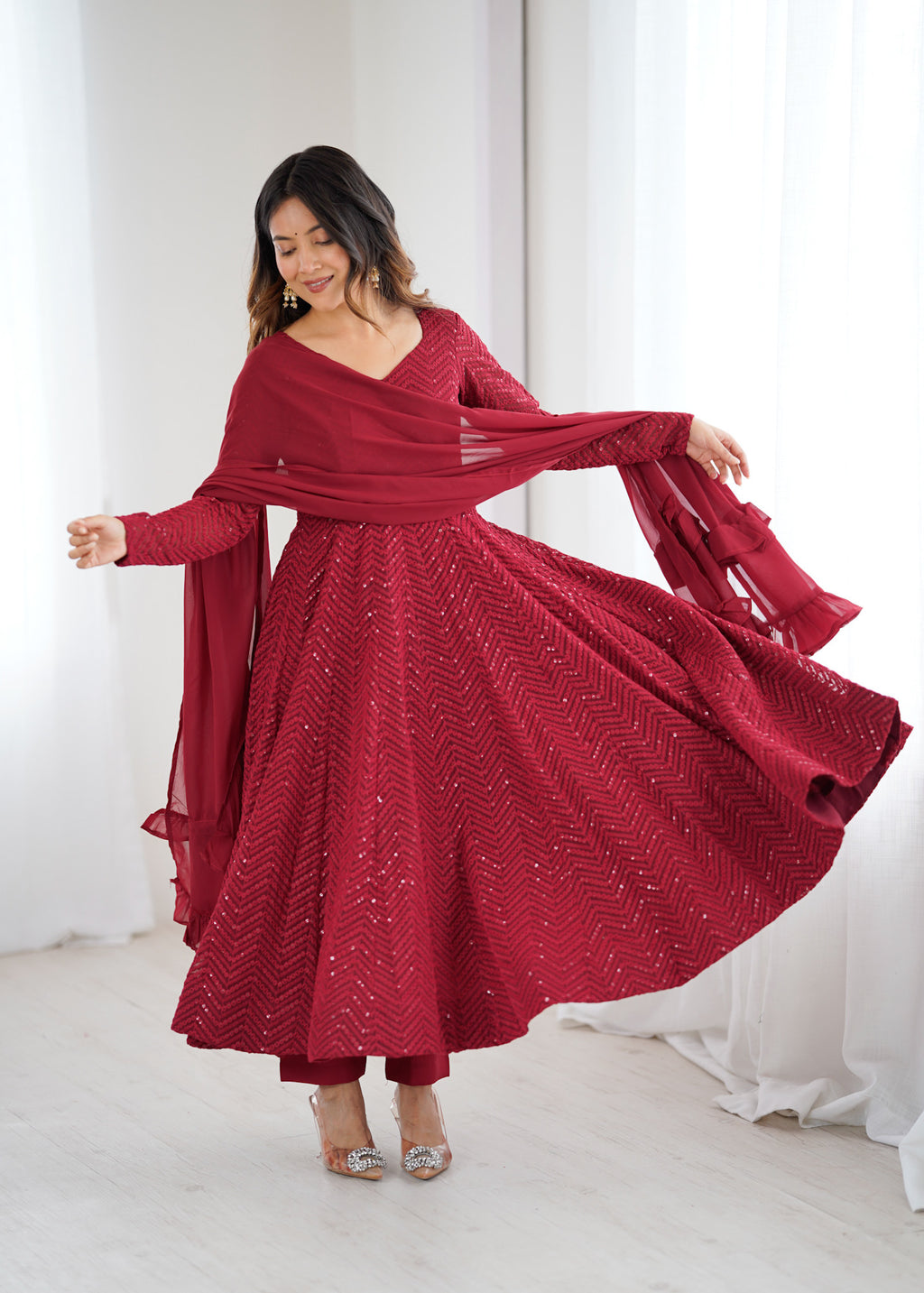 Lucknowi Faux Georgette Anarkali Suit with 4M Kali Flair, Sequin Work & Ruffle Dupatta