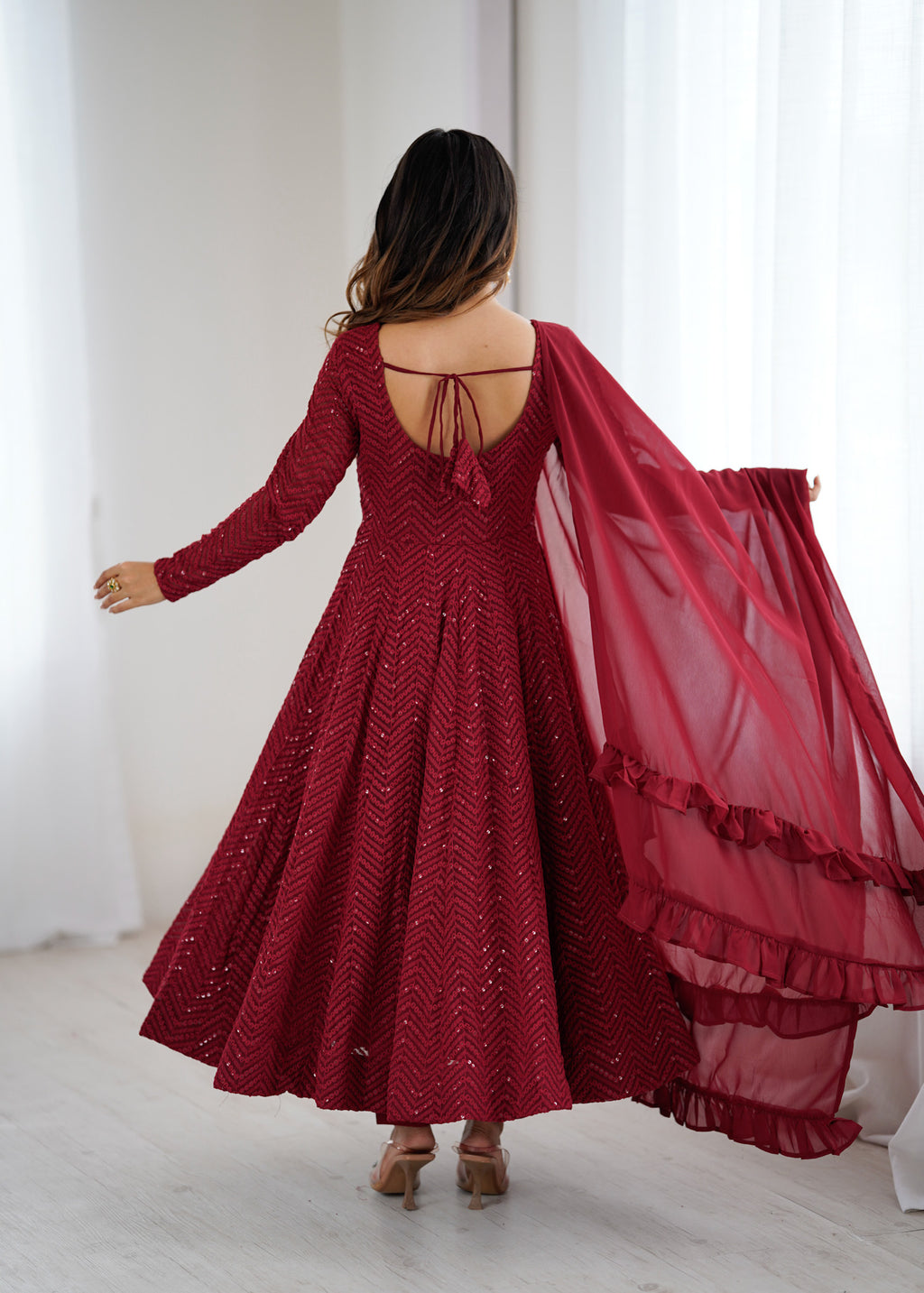 Lucknowi Faux Georgette Anarkali Suit with 4M Kali Flair, Sequin Work & Ruffle Dupatta