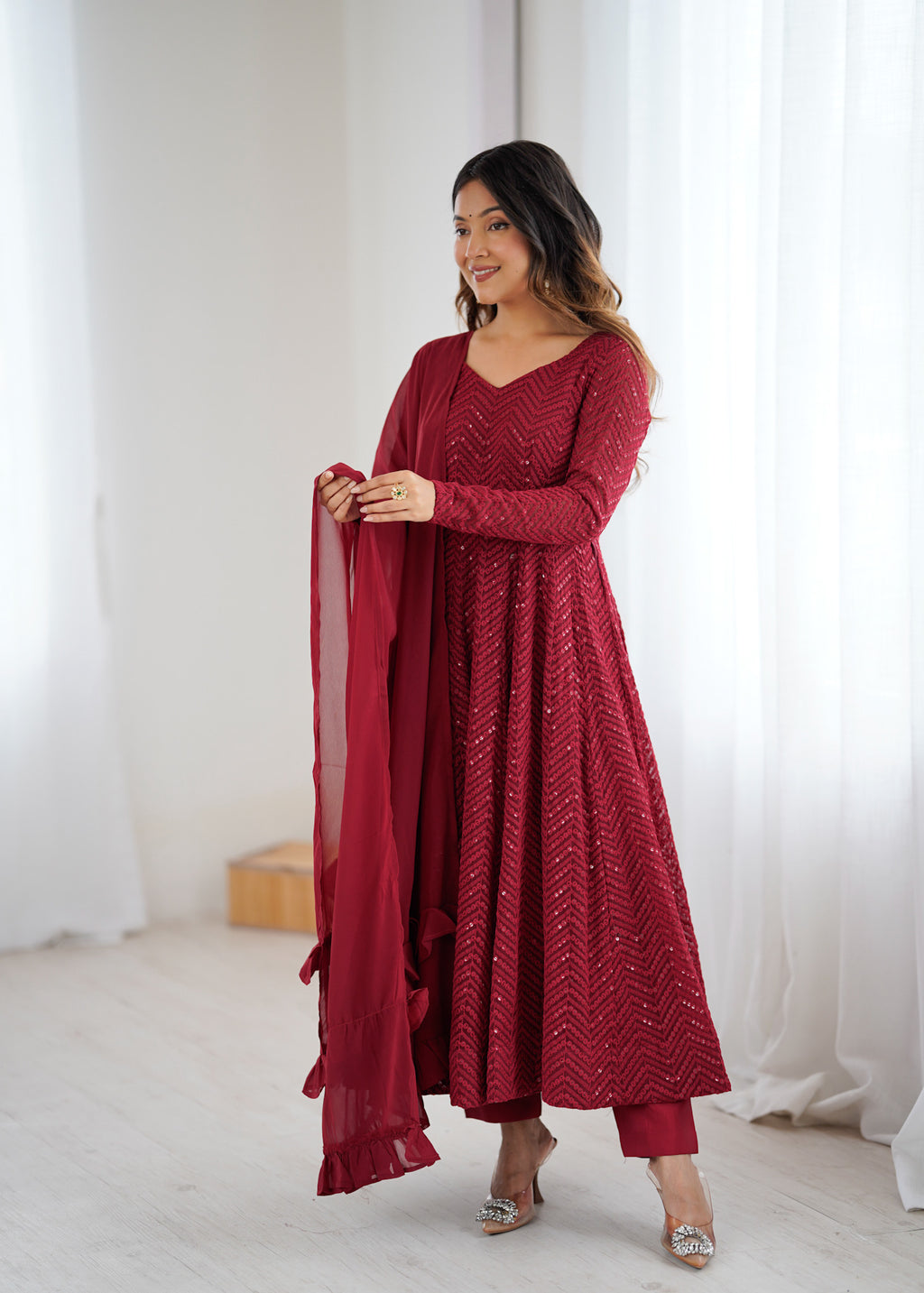 Lucknowi Faux Georgette Anarkali Suit with 4M Kali Flair, Sequin Work & Ruffle Dupatta