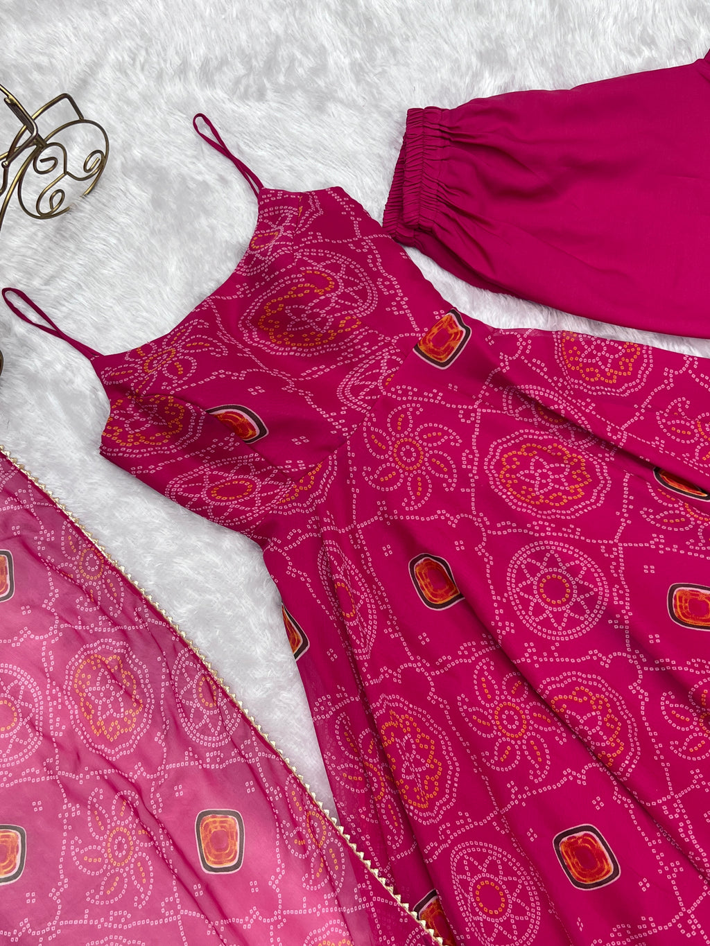 Lightweight Chiffon Bandhej 8M Flair Gown with Backless Dori Detail & Lace Dupatta