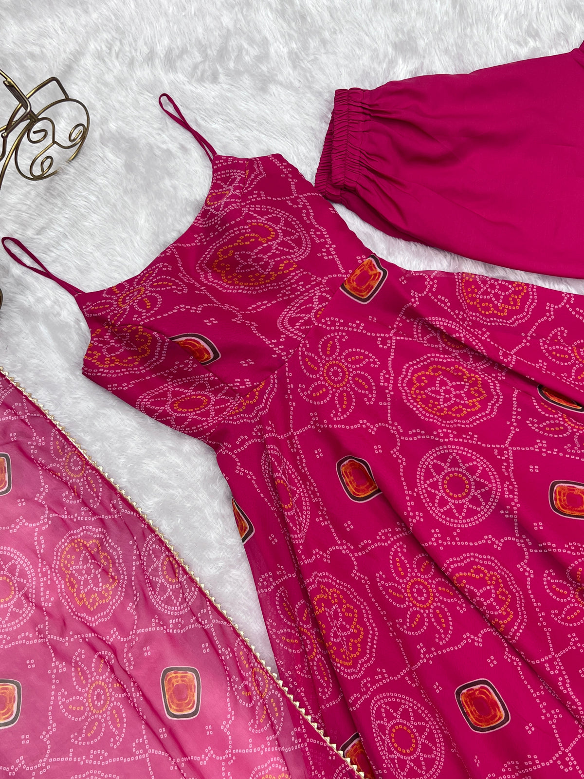Lightweight Chiffon Bandhej 8M Flair Gown with Backless Dori Detail & Lace Dupatta