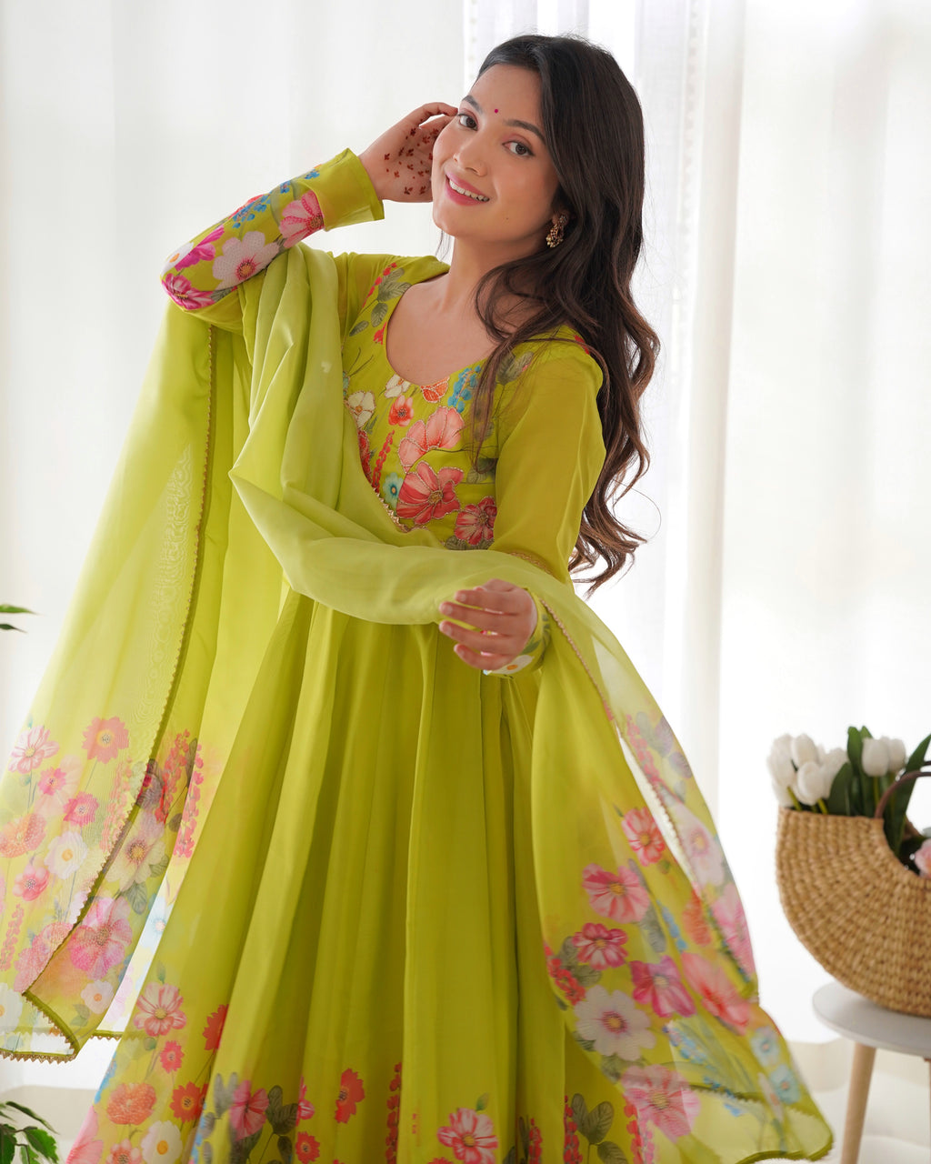 Floral Organza Silk Printed Anarkali with Badla Jari Handwork & Gota Patti Dupatta