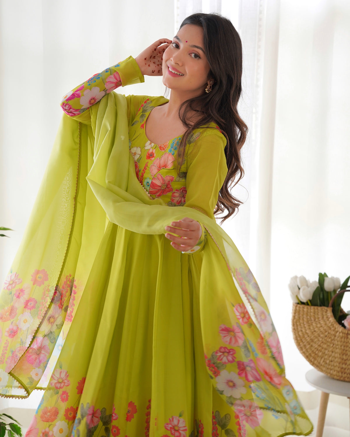 Floral Organza Silk Printed Anarkali with Badla Jari Handwork & Gota Patti Dupatta