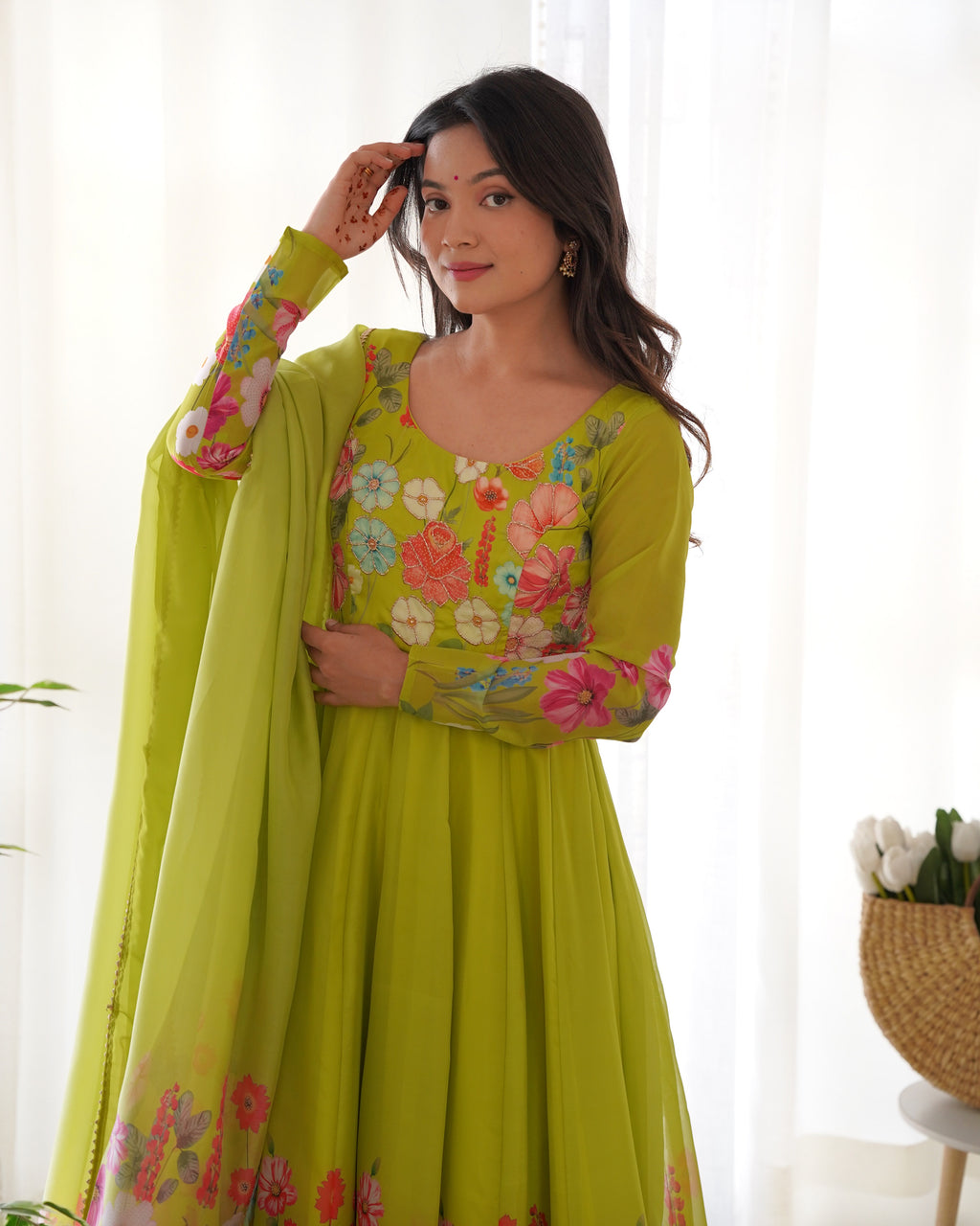 Floral Organza Silk Printed Anarkali with Badla Jari Handwork & Gota Patti Dupatta