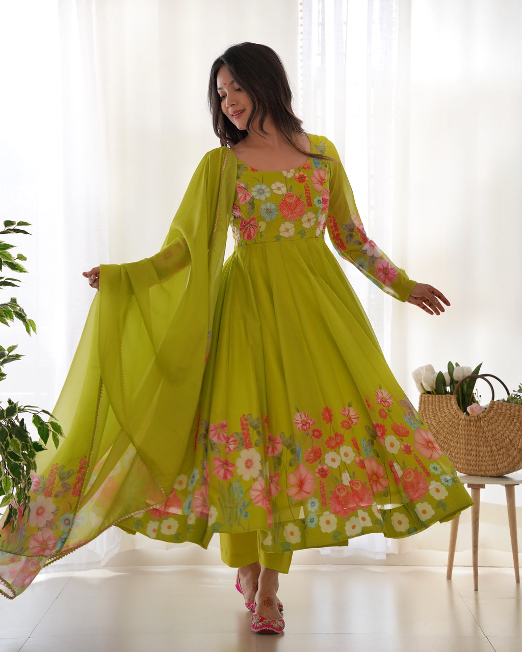 Floral Organza Silk Printed Anarkali with Badla Jari Handwork & Gota Patti Dupatta