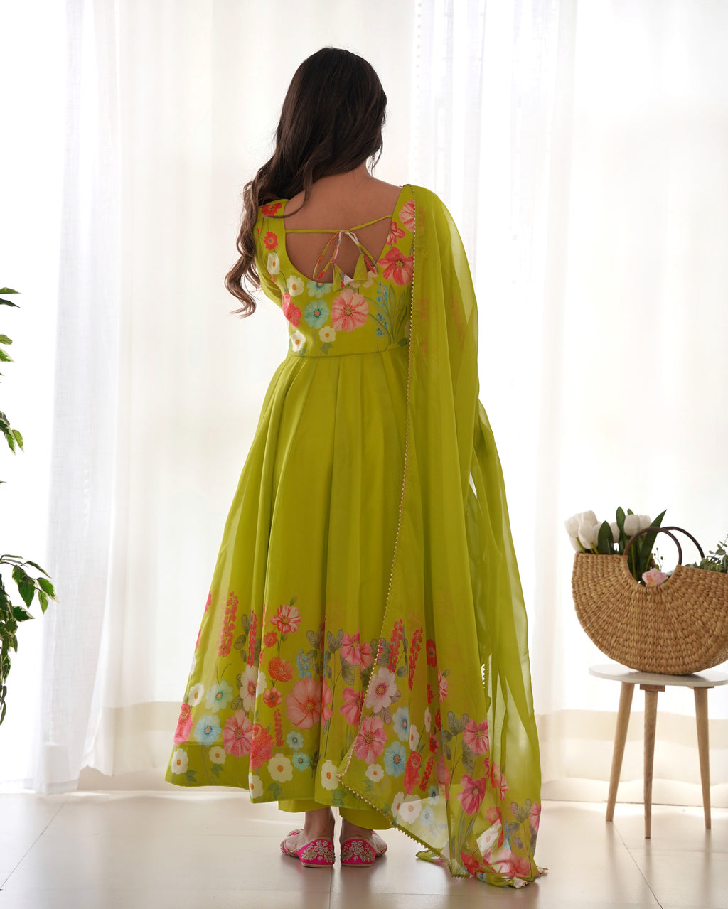 Floral Organza Silk Printed Anarkali with Badla Jari Handwork & Gota Patti Dupatta