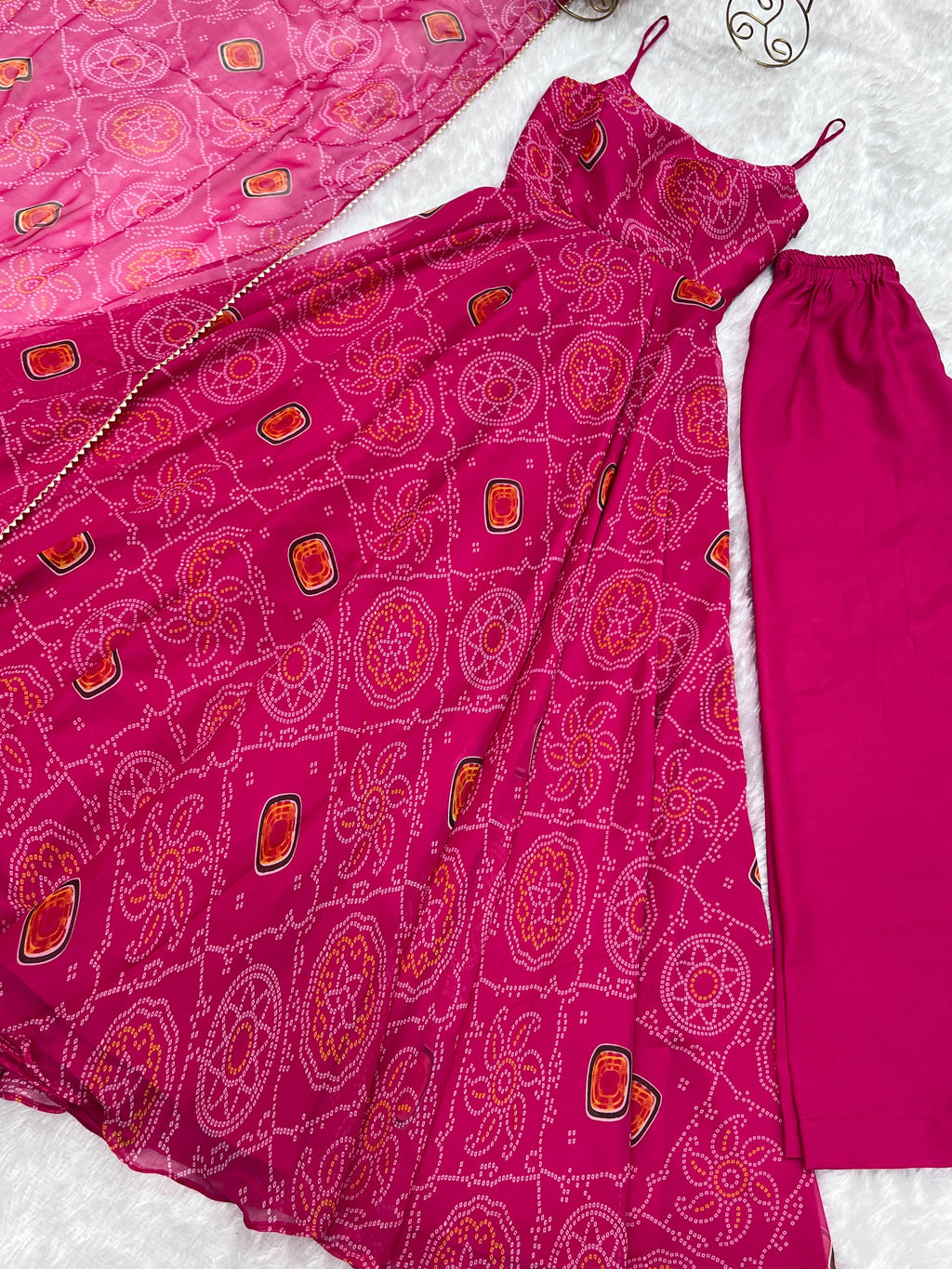 Lightweight Chiffon Bandhej 8M Flair Gown with Backless Dori Detail & Lace Dupatta