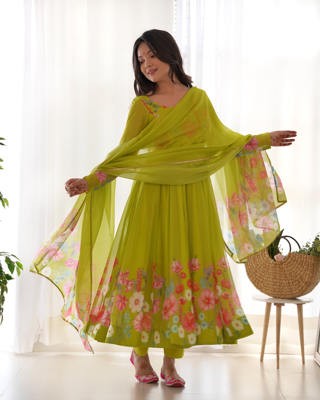 Floral Organza Silk Printed Anarkali with Badla Jari Handwork & Gota Patti Dupatta