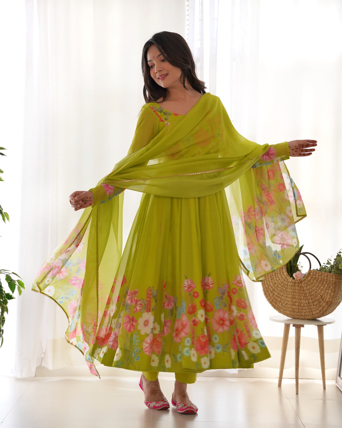 Floral Organza Silk Printed Anarkali with Badla Jari Handwork & Gota Patti Dupatta