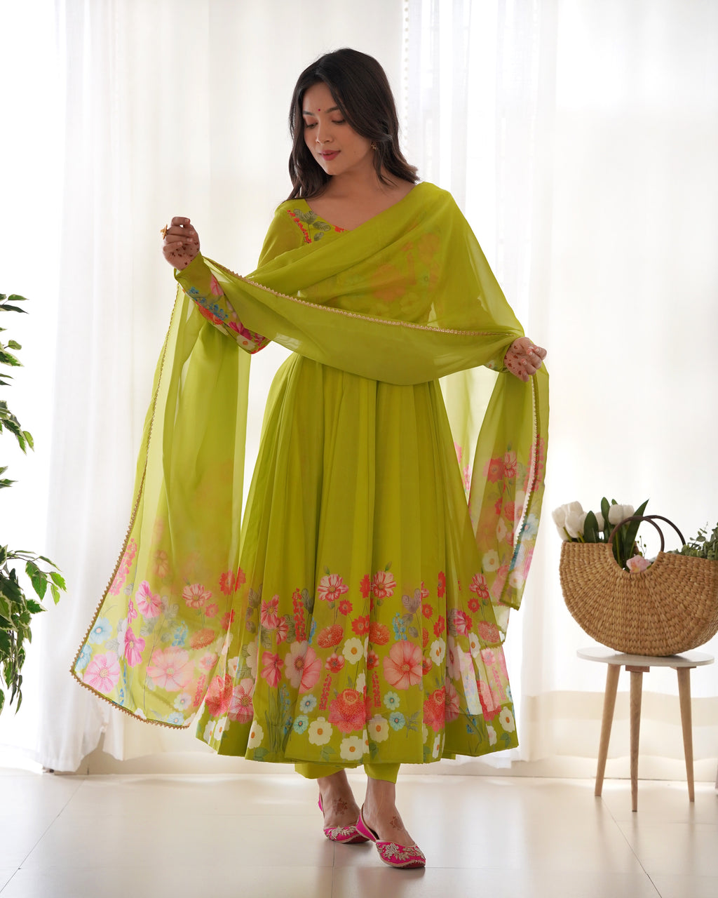 Floral Organza Silk Printed Anarkali with Badla Jari Handwork & Gota Patti Dupatta