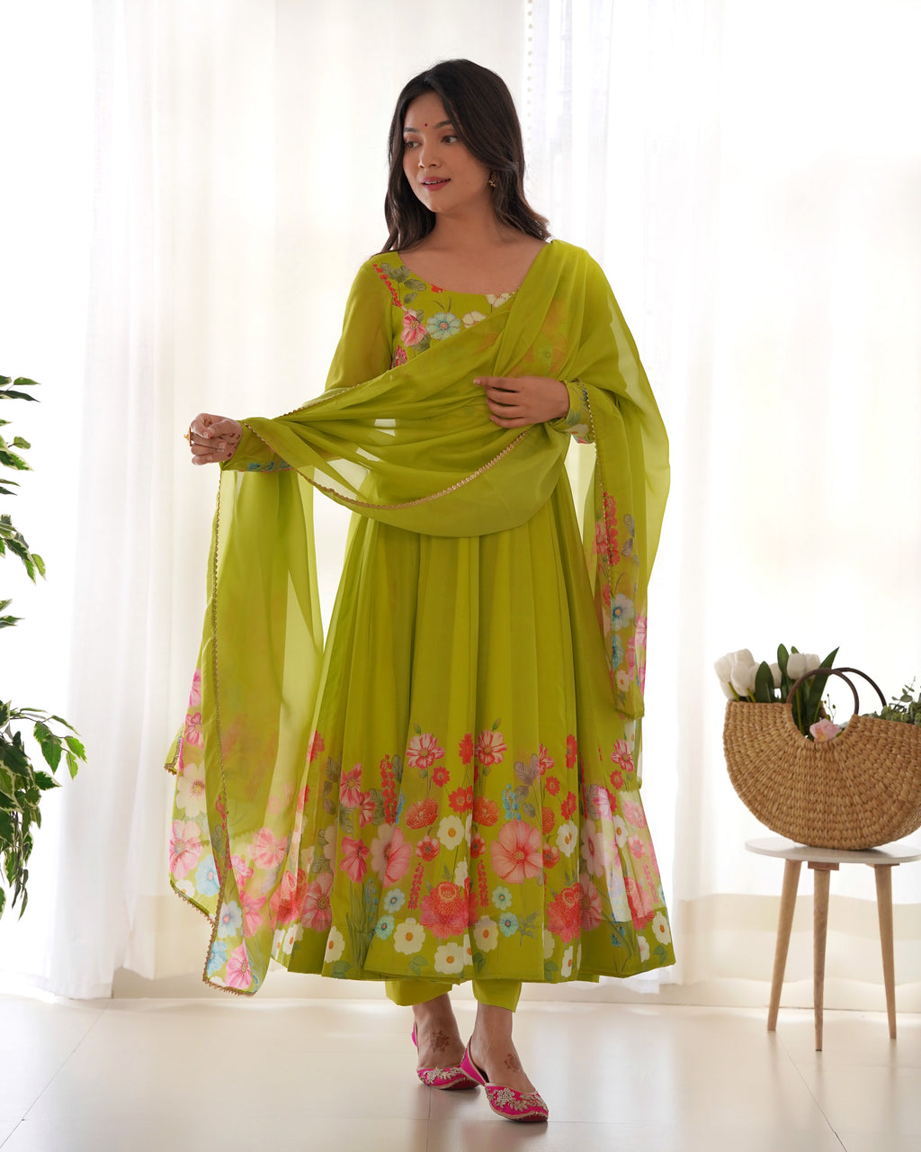 Floral Organza Silk Printed Anarkali with Badla Jari Handwork & Gota Patti Dupatta