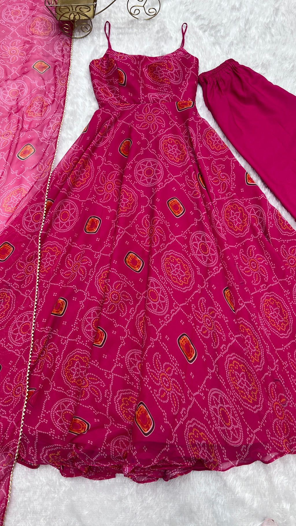 Lightweight Chiffon Bandhej 8M Flair Gown with Backless Dori Detail & Lace Dupatta