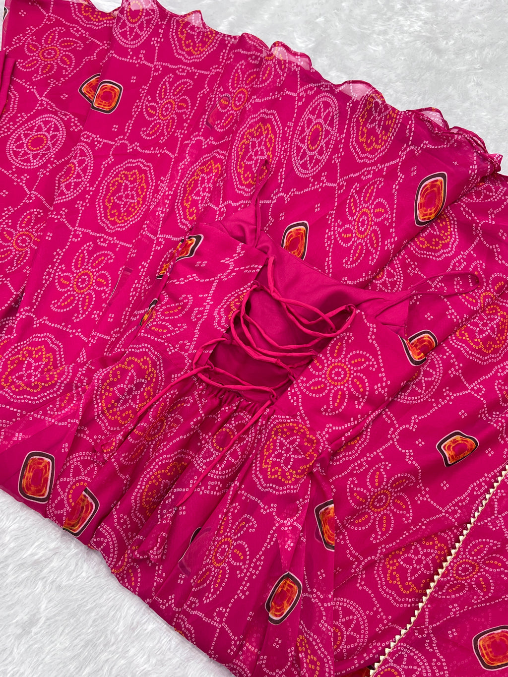 Lightweight Chiffon Bandhej 8M Flair Gown with Backless Dori Detail & Lace Dupatta