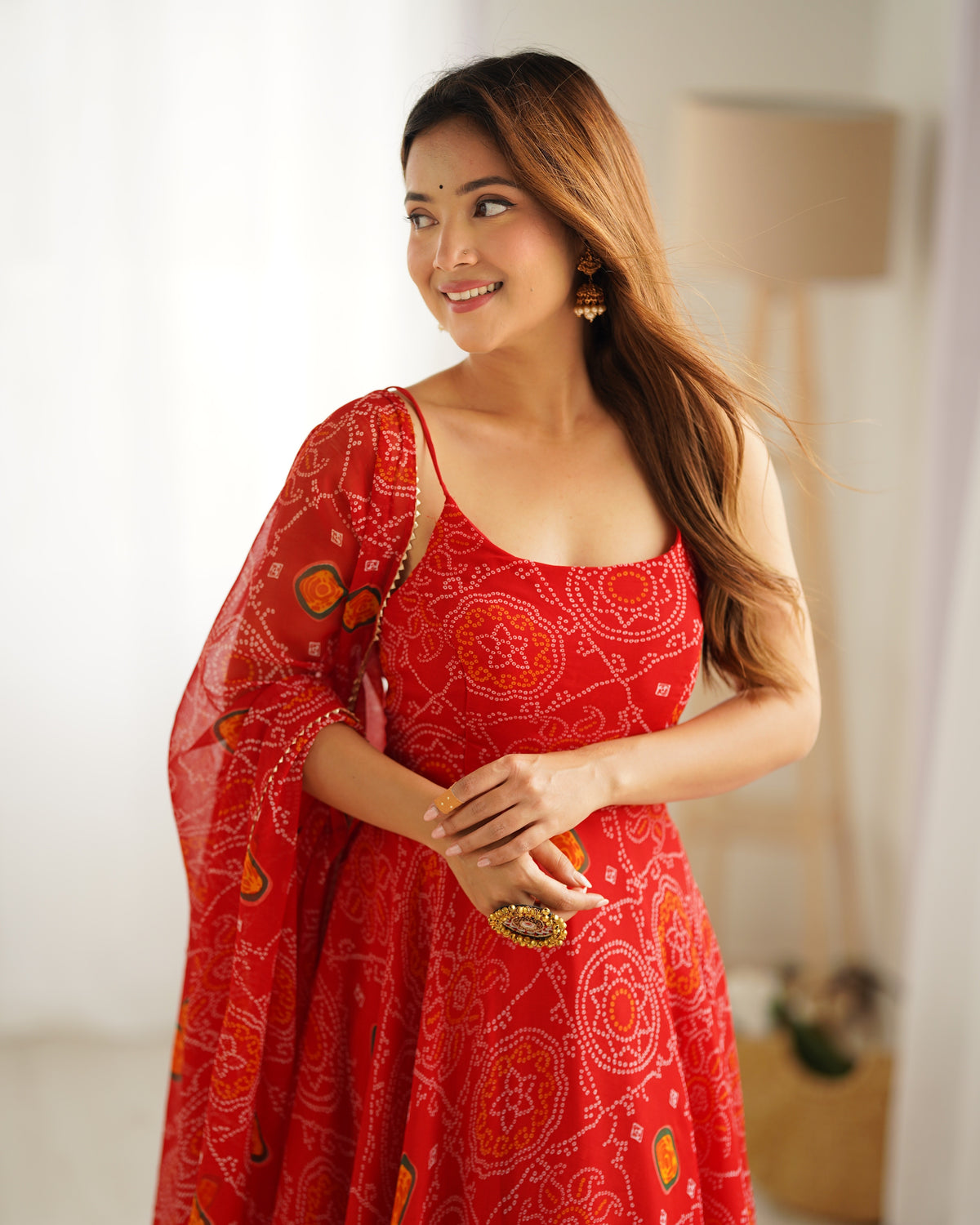 Lightweight Chiffon Bandhej 8M Flair Gown with Backless Dori Detail & Lace Dupatta