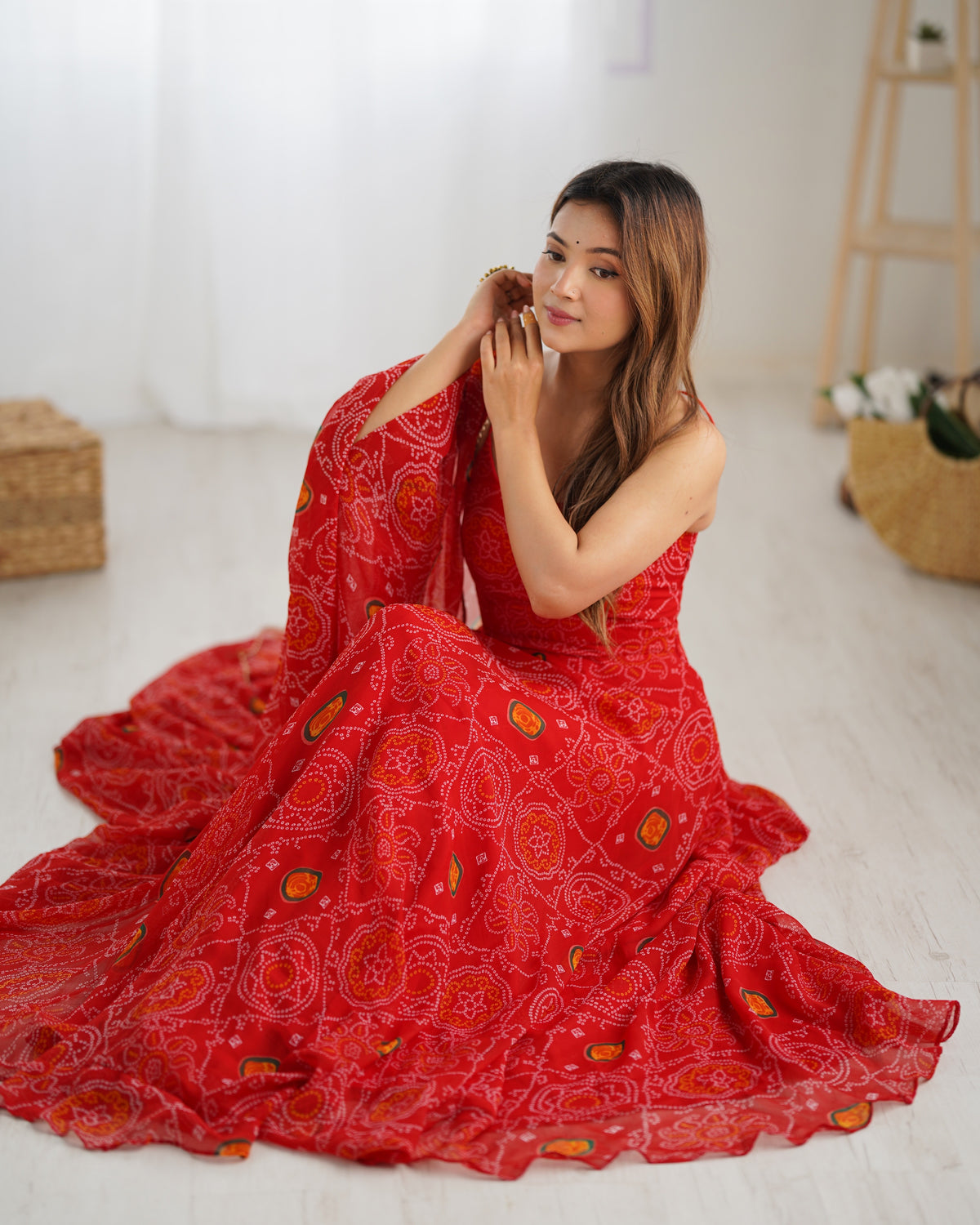 Lightweight Chiffon Bandhej 8M Flair Gown with Backless Dori Detail & Lace Dupatta