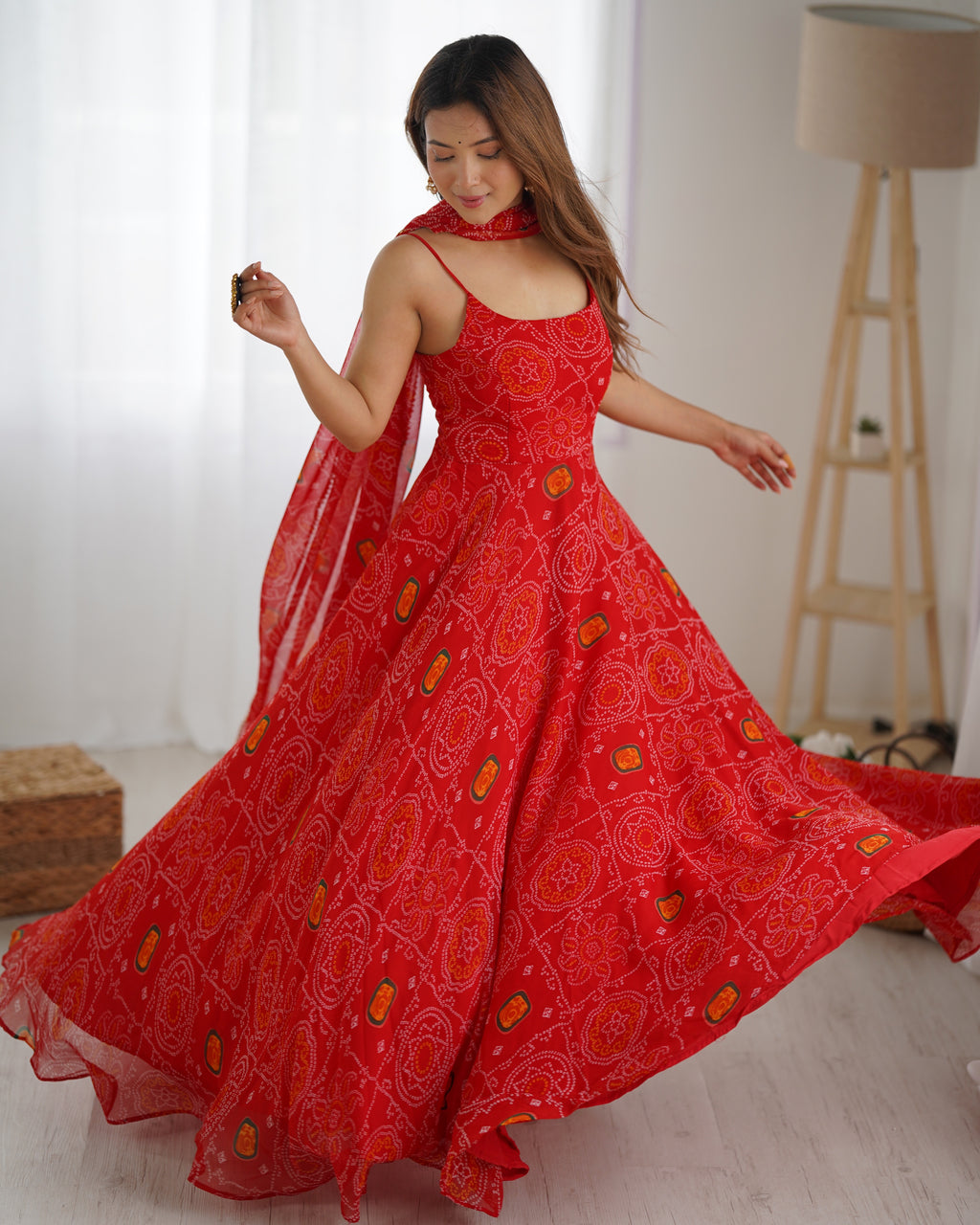 Lightweight Chiffon Bandhej 8M Flair Gown with Backless Dori Detail & Lace Dupatta