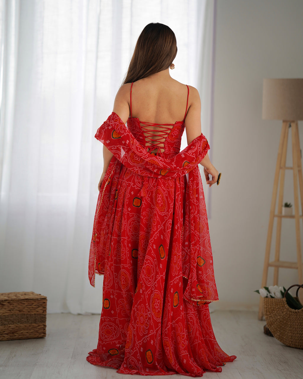 Lightweight Chiffon Bandhej 8M Flair Gown with Backless Dori Detail & Lace Dupatta