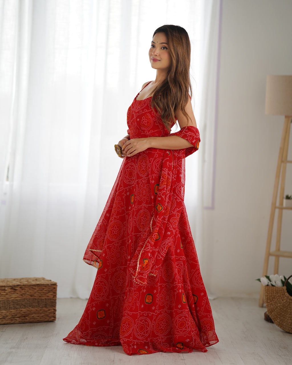 Lightweight Chiffon Bandhej 8M Flair Gown with Backless Dori Detail & Lace Dupatta