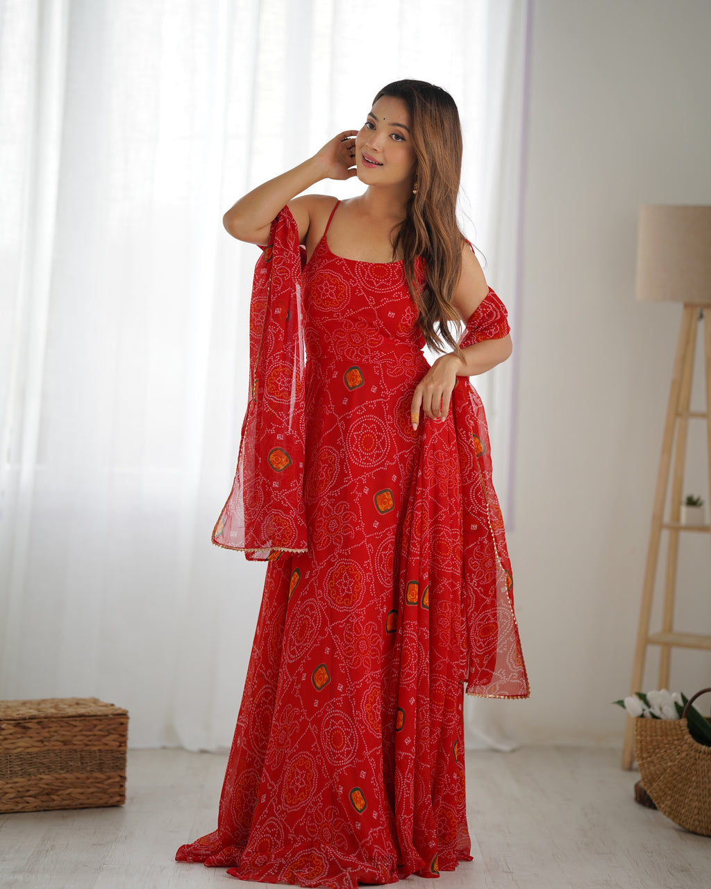 Lightweight Chiffon Bandhej 8M Flair Gown with Backless Dori Detail & Lace Dupatta