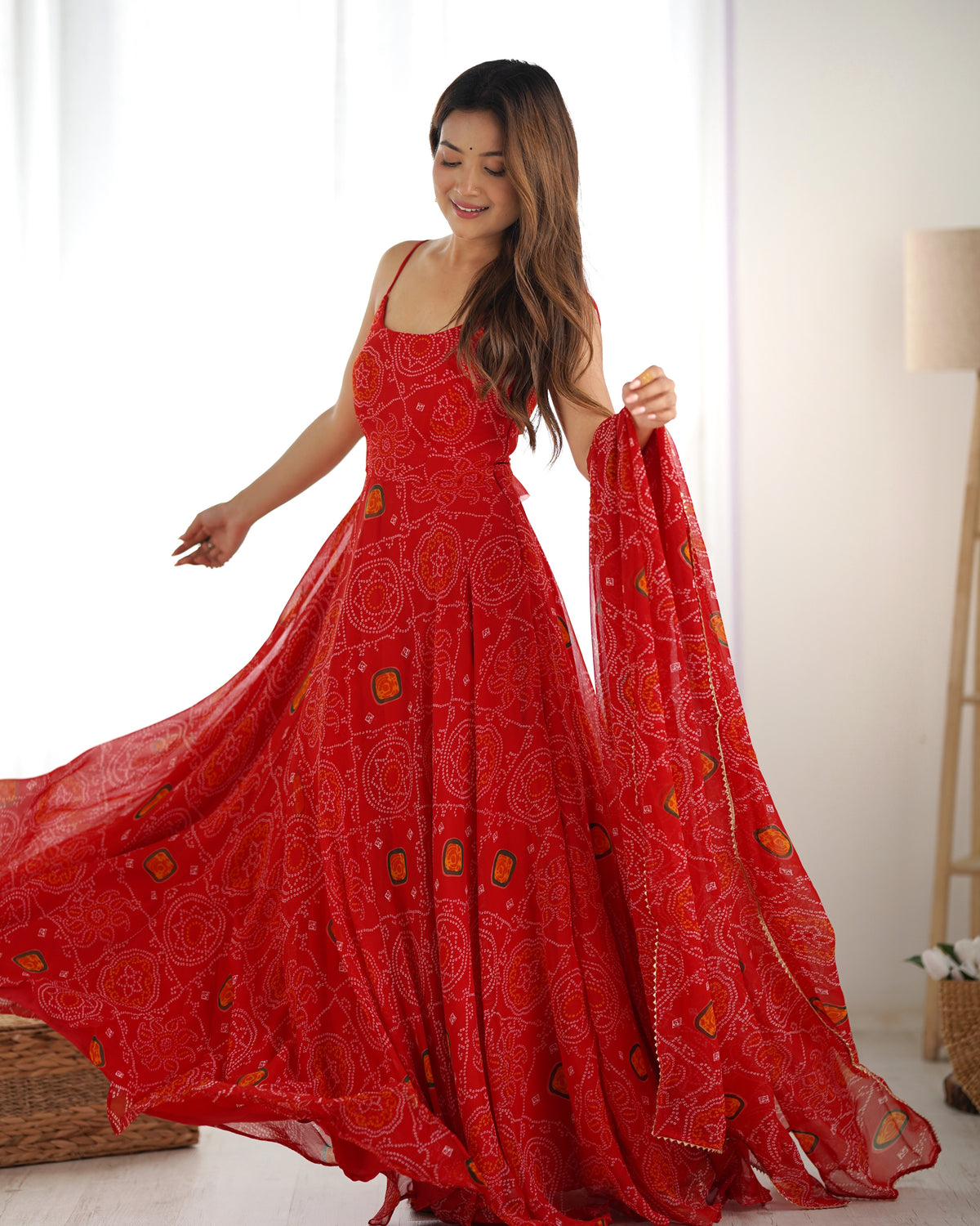 Lightweight Chiffon Bandhej 8M Flair Gown with Backless Dori Detail & Lace Dupatta