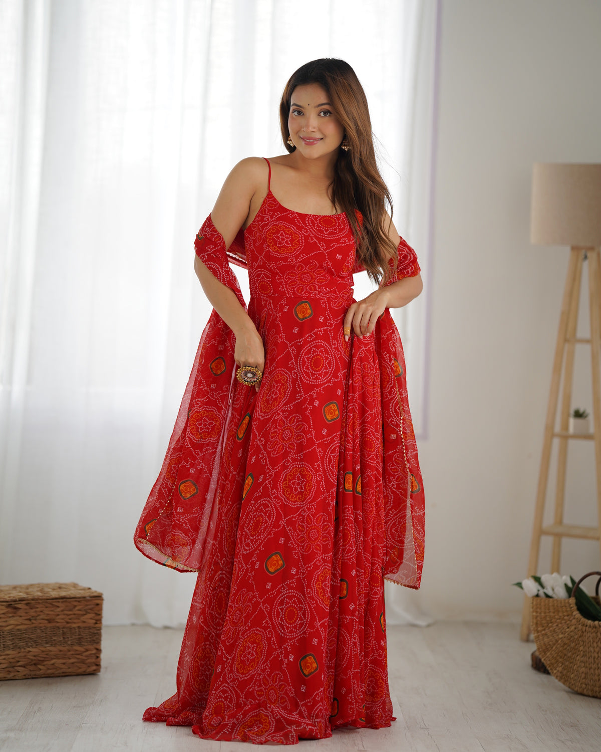 Lightweight Chiffon Bandhej 8M Flair Gown with Backless Dori Detail & Lace Dupatta