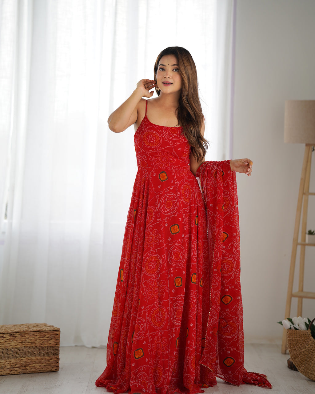 Lightweight Chiffon Bandhej 8M Flair Gown with Backless Dori Detail & Lace Dupatta
