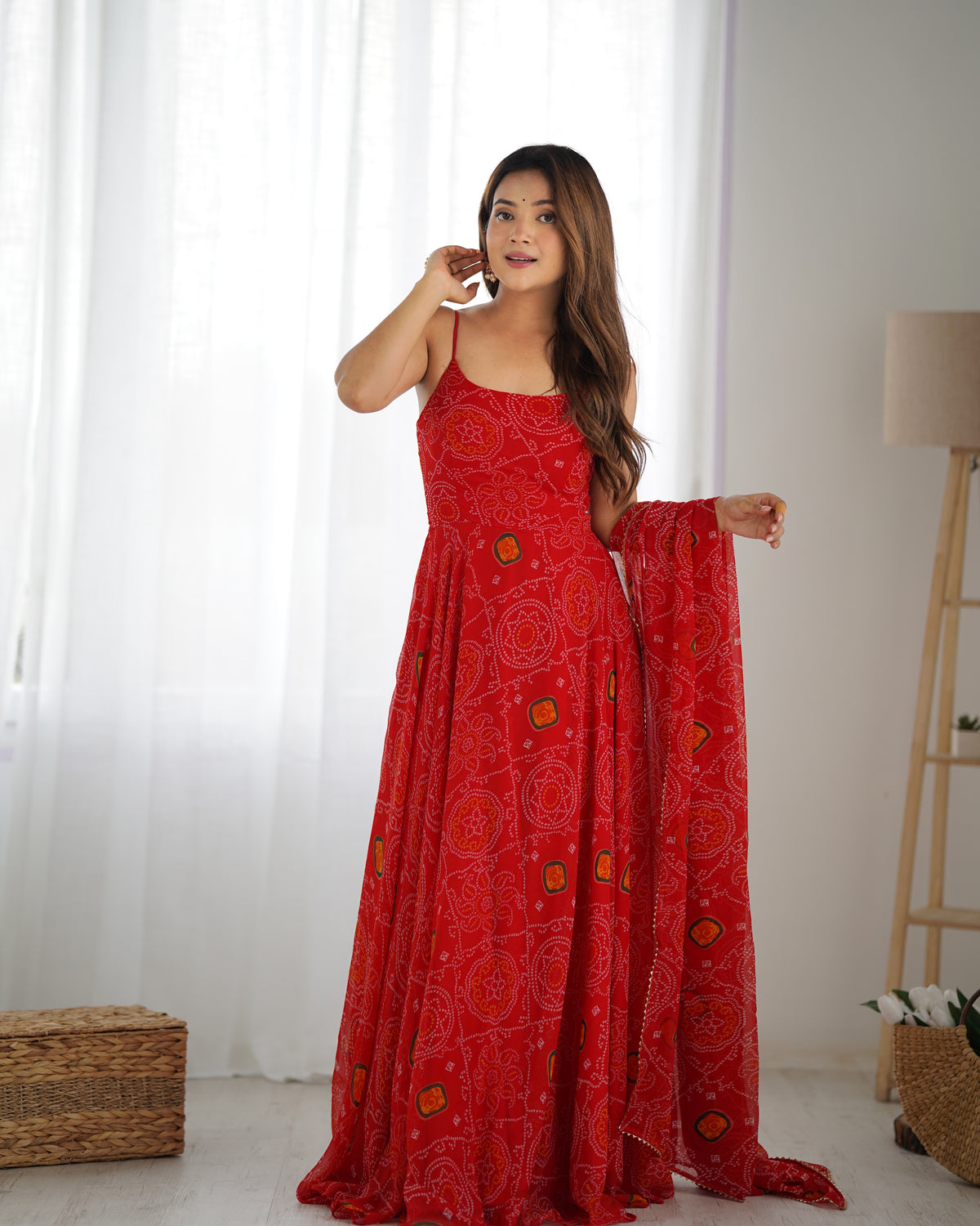 Lightweight Chiffon Bandhej 8M Flair Gown with Backless Dori Detail & Lace Dupatta