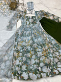 Floral Printed Organza Silk Flared Anarkali Gown Set with Gota Patti Dupatta & Pant