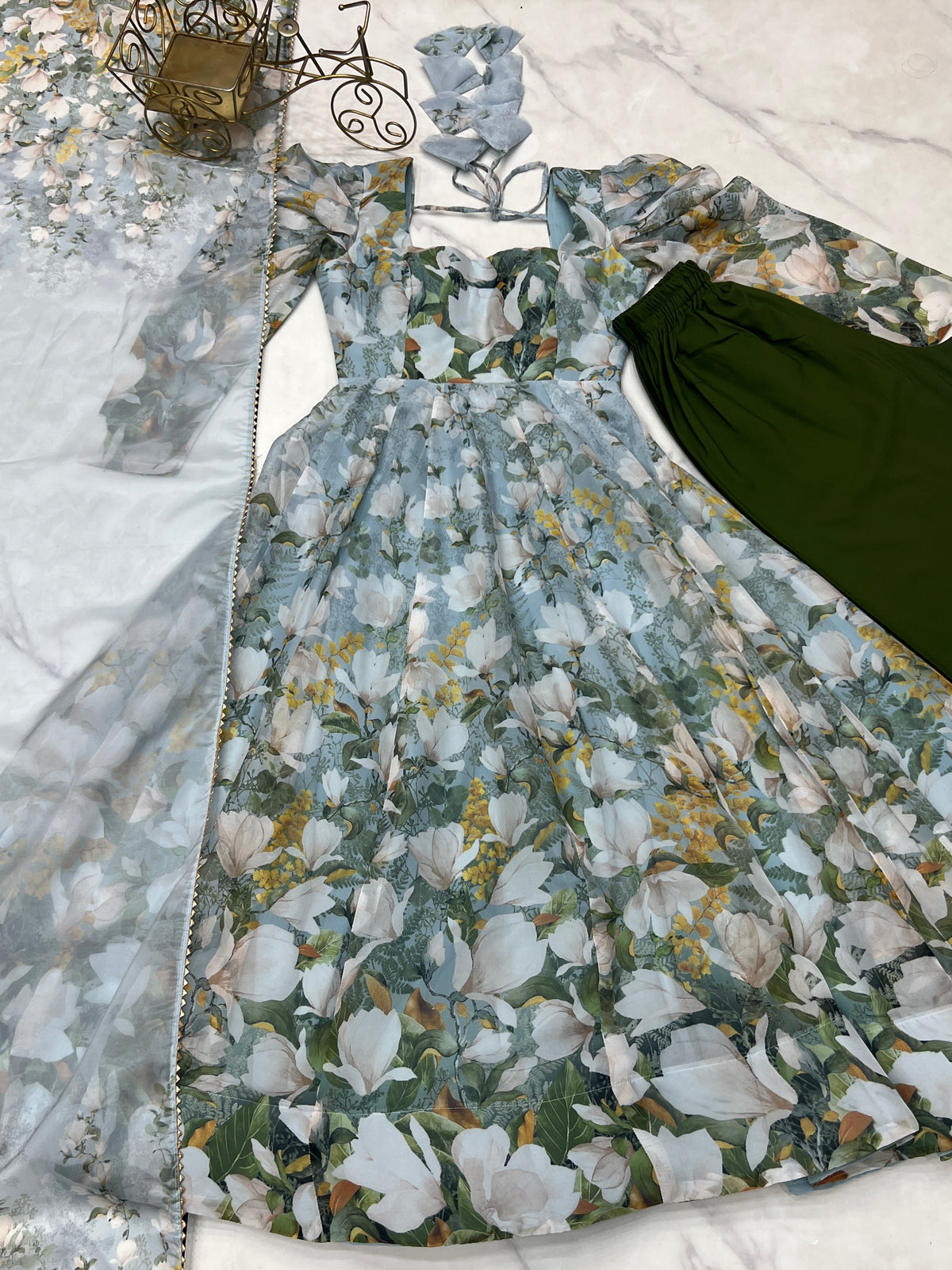 Floral Printed Organza Silk Flared Anarkali Gown Set with Gota Patti Dupatta & Pant