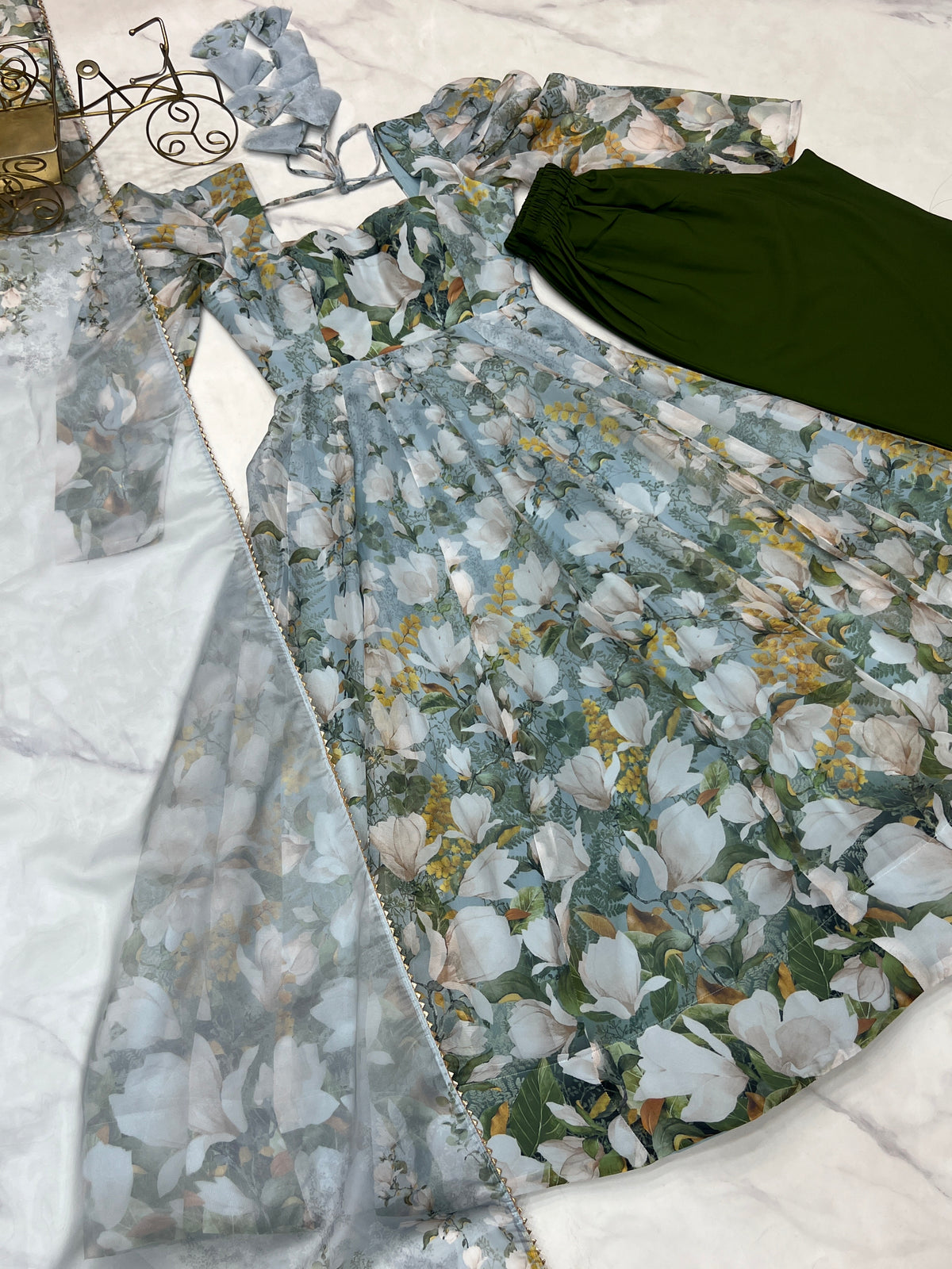 Floral Printed Organza Silk Flared Anarkali Gown Set with Gota Patti Dupatta & Pant