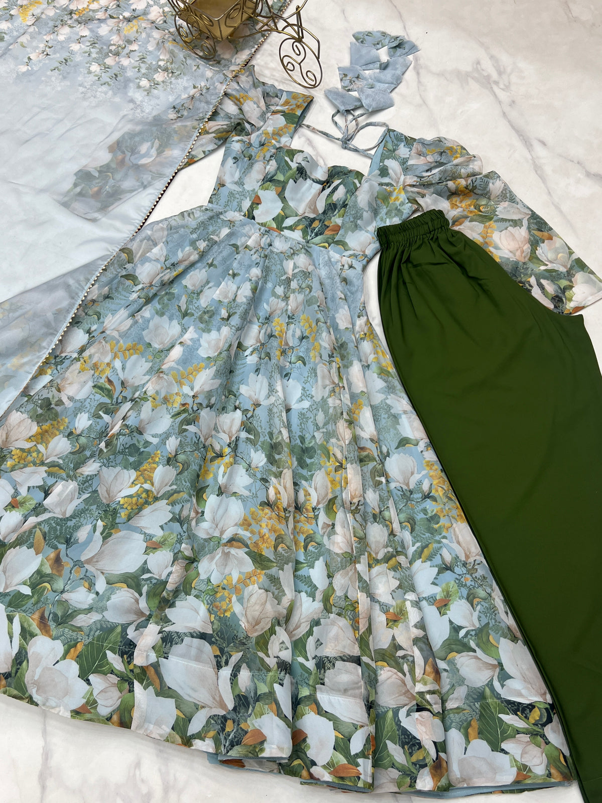 Floral Printed Organza Silk Flared Anarkali Gown Set with Gota Patti Dupatta & Pant