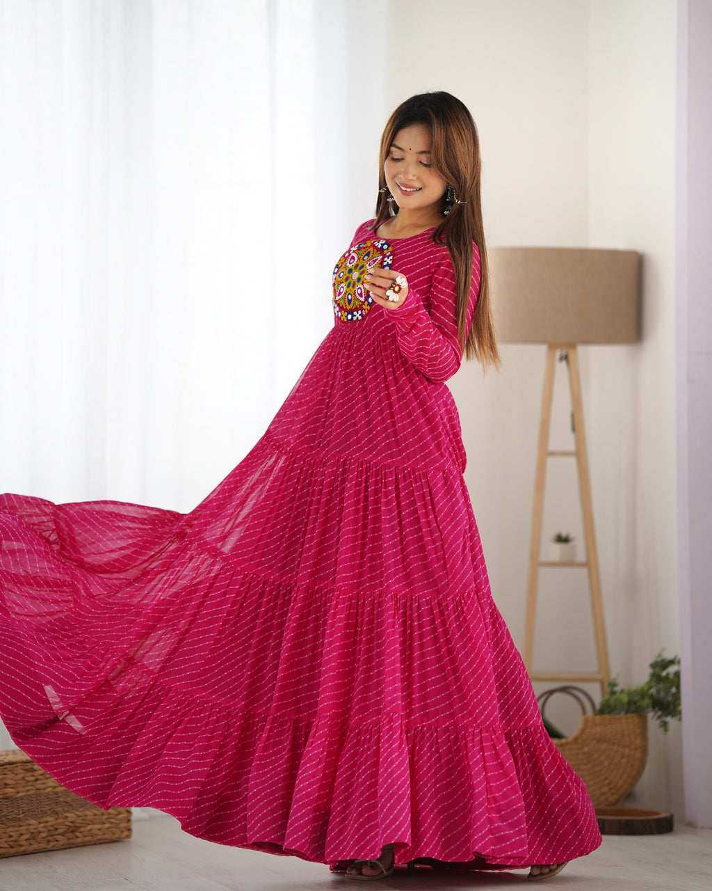 Laheriya Print Faux Georgette 7M+ Flair Anarkali Gown with Gamthi Yoke & Back Dori