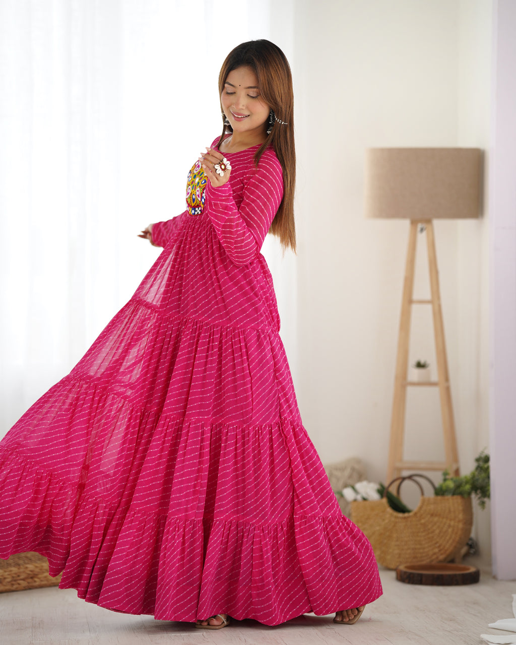 Laheriya Print Faux Georgette 7M+ Flair Anarkali Gown with Gamthi Yoke & Back Dori