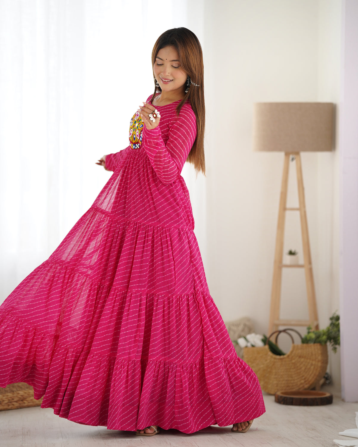 Laheriya Print Faux Georgette 7M+ Flair Anarkali Gown with Gamthi Yoke & Back Dori