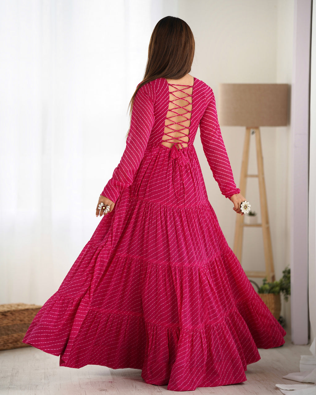 Laheriya Print Faux Georgette 7M+ Flair Anarkali Gown with Gamthi Yoke & Back Dori