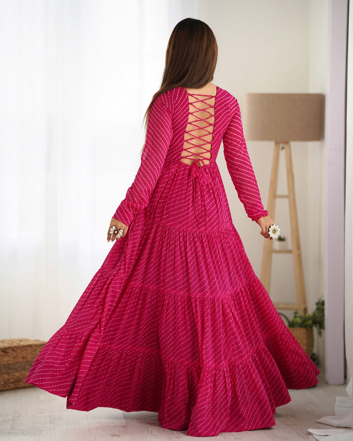 Laheriya Print Faux Georgette 7M+ Flair Anarkali Gown with Gamthi Yoke & Back Dori