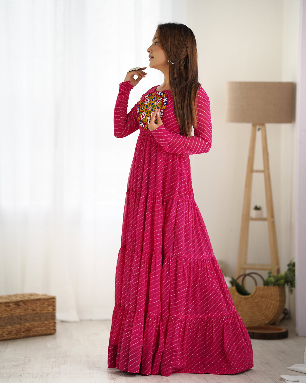 Laheriya Print Faux Georgette 7M+ Flair Anarkali Gown with Gamthi Yoke & Back Dori