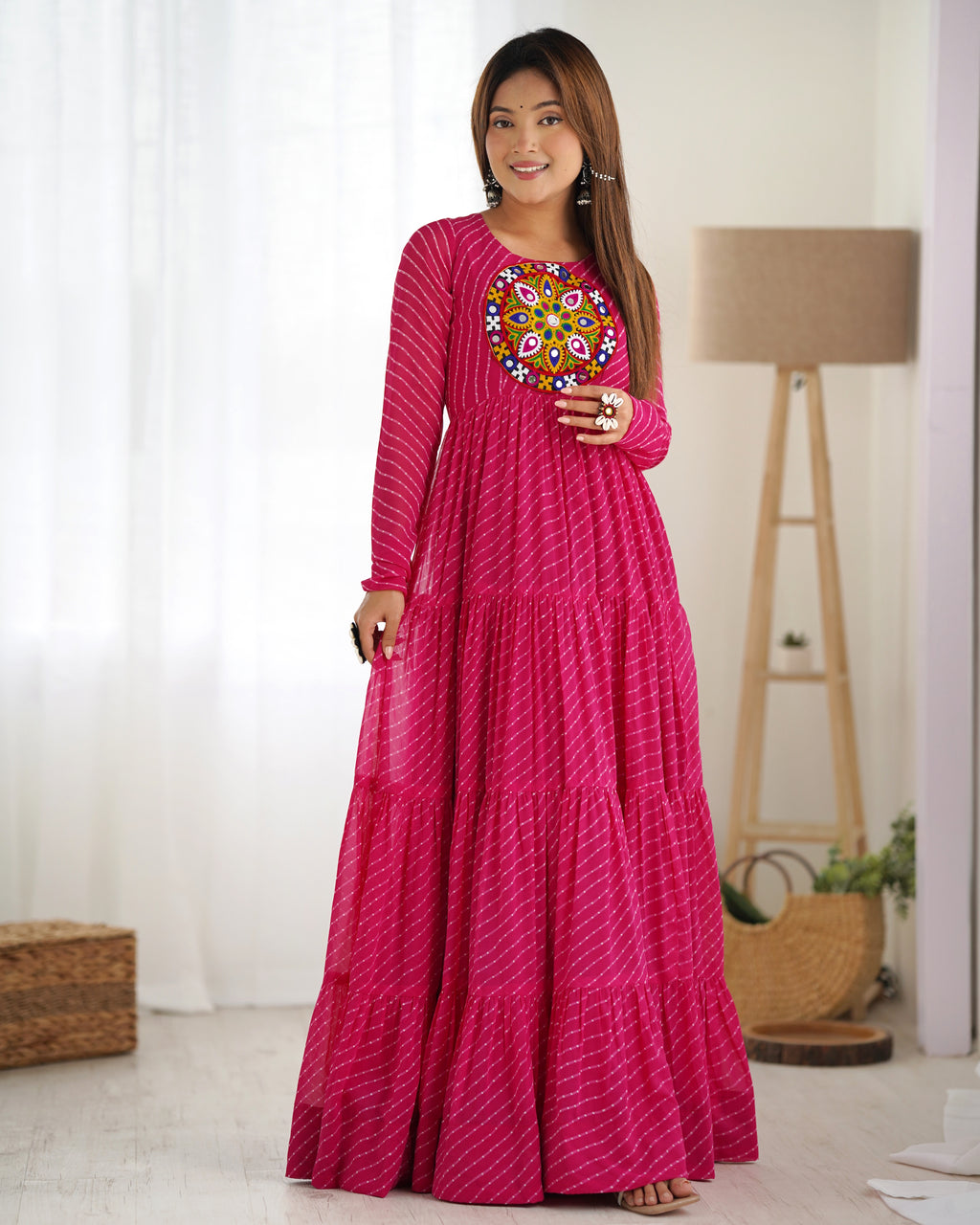 Laheriya Print Faux Georgette 7M+ Flair Anarkali Gown with Gamthi Yoke & Back Dori