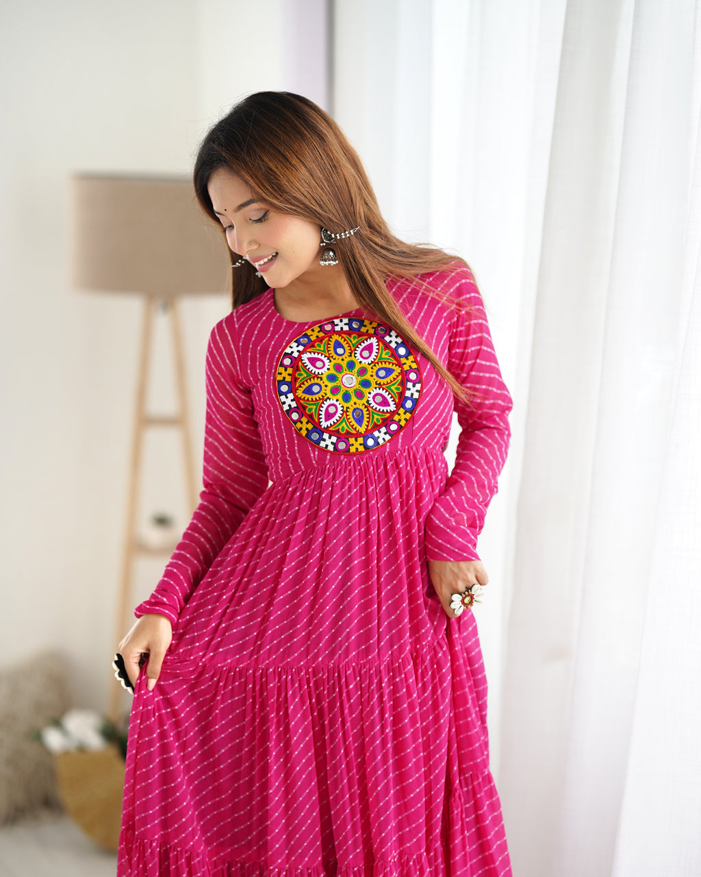 Laheriya Print Faux Georgette 7M+ Flair Anarkali Gown with Gamthi Yoke & Back Dori
