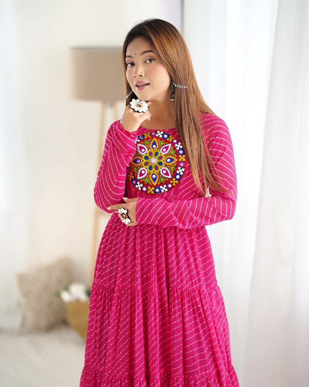 Laheriya Print Faux Georgette 7M+ Flair Anarkali Gown with Gamthi Yoke & Back Dori