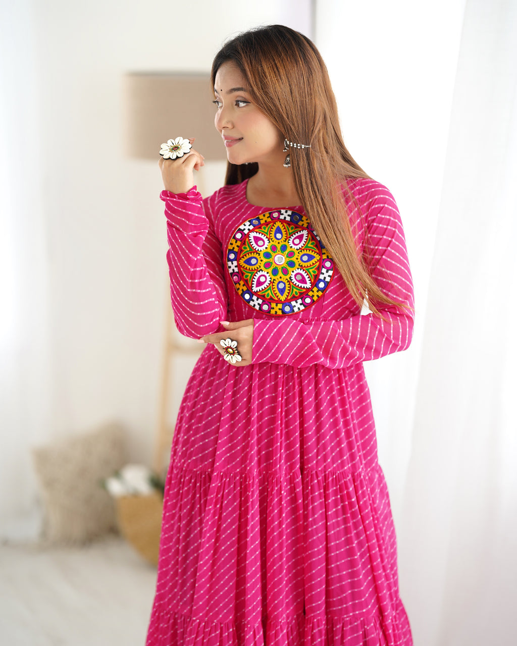 Laheriya Print Faux Georgette 7M+ Flair Anarkali Gown with Gamthi Yoke & Back Dori