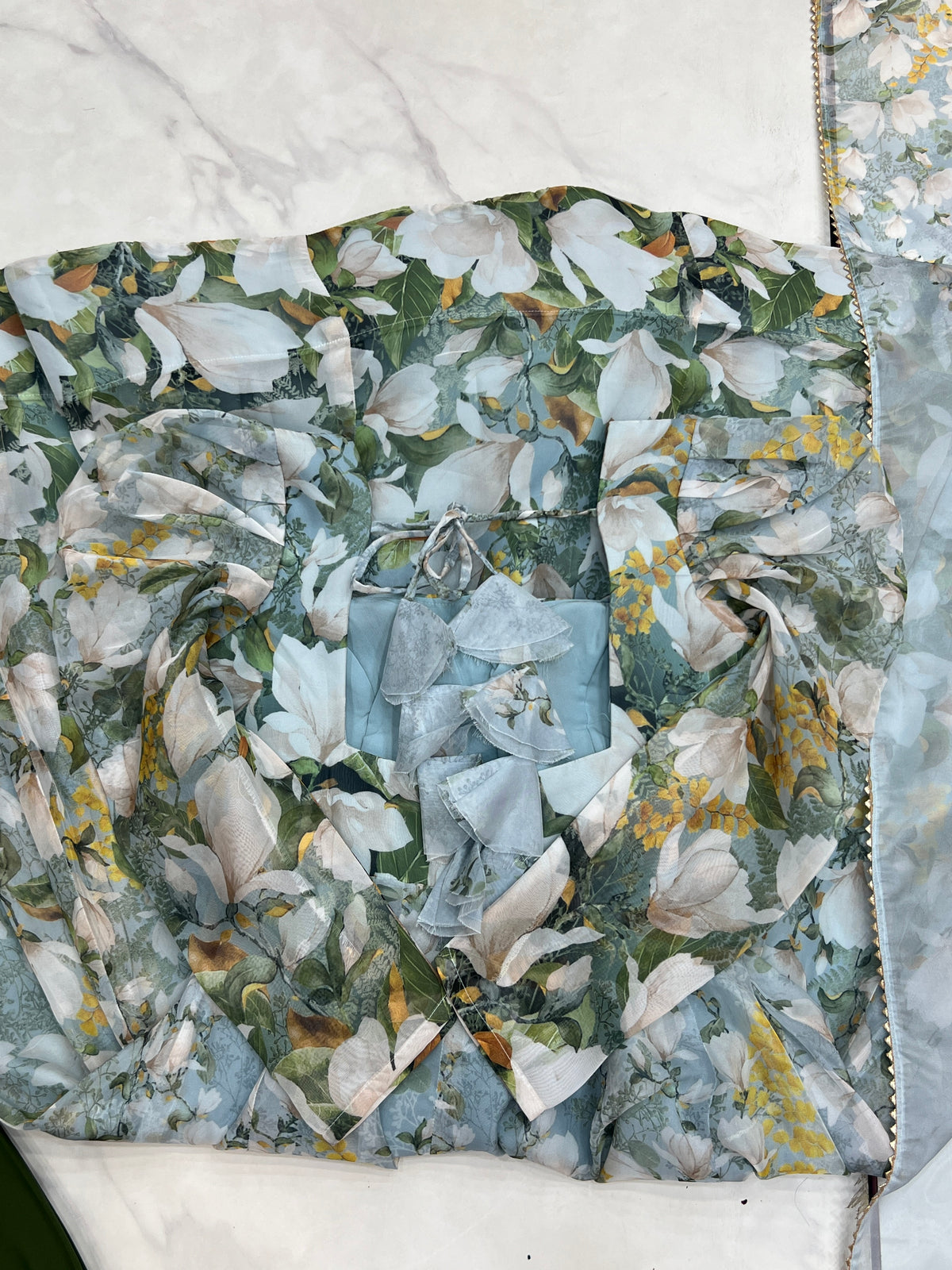 Floral Printed Organza Silk Flared Anarkali Gown Set with Gota Patti Dupatta & Pant
