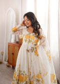 Floral Printed Organza Silk 4-Meter Flared Anarkali Suit Set with Dupatta & Pant