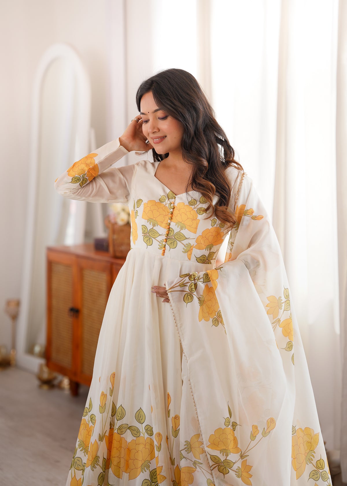 Floral Printed Organza Silk 4-Meter Flared Anarkali Suit Set with Dupatta & Pant