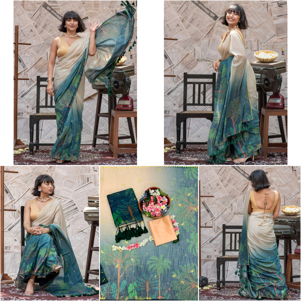 Royal Tussle Elegance Premium Linen Cotton Digital Printed Saree with Handmade Cotton Tussle & Satin Banglory Blouse
