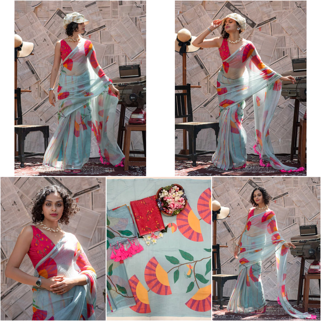 Royal Bloom Tussle Elegant Linen Cotton Digital Printed Saree with Matching Printed Blouse