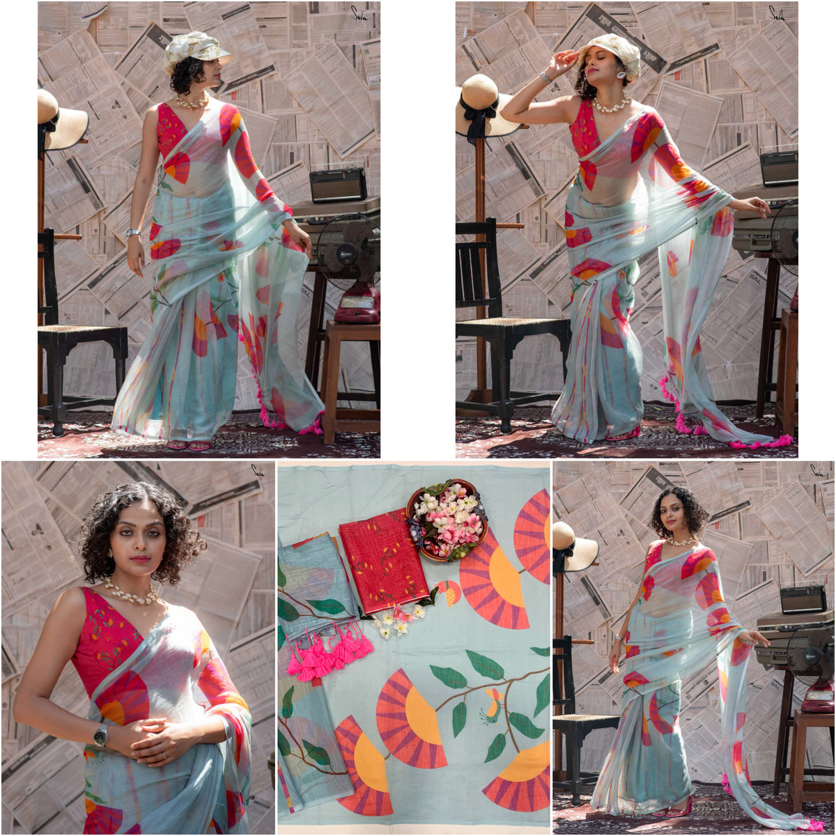 Royal Bloom Tussle Elegant Linen Cotton Digital Printed Saree with Matching Printed Blouse